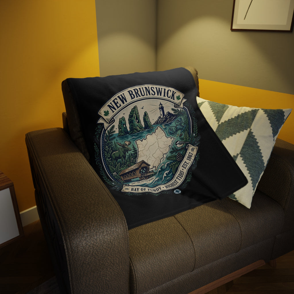 New Brunswick Map Plush Fleece Blanket — Bay of Fundy Lighthouse and Tidal Coast Throw
