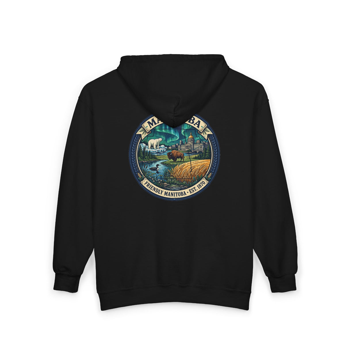 Manitoba Nature Badge Hoodie — Northern Lights, Moose and Prairie
