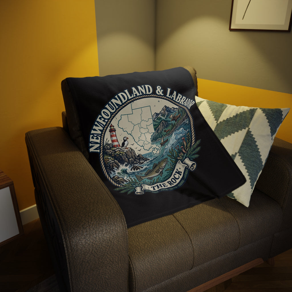 Newfoundland and Labrador 'The Rock' Plush Fleece Blanket – Coastal Map, Lighthouse and Iceberg Design