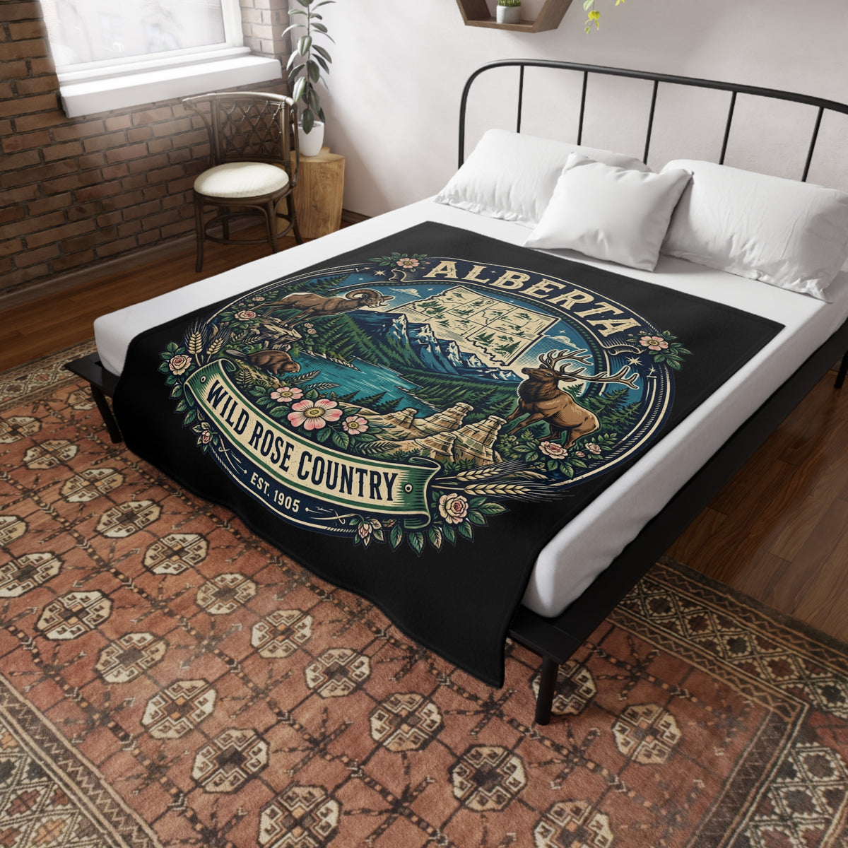 Alberta Wild Rose Country Plush Fleece Blanket — Scenic Rockies Map and Wildlife Throw
