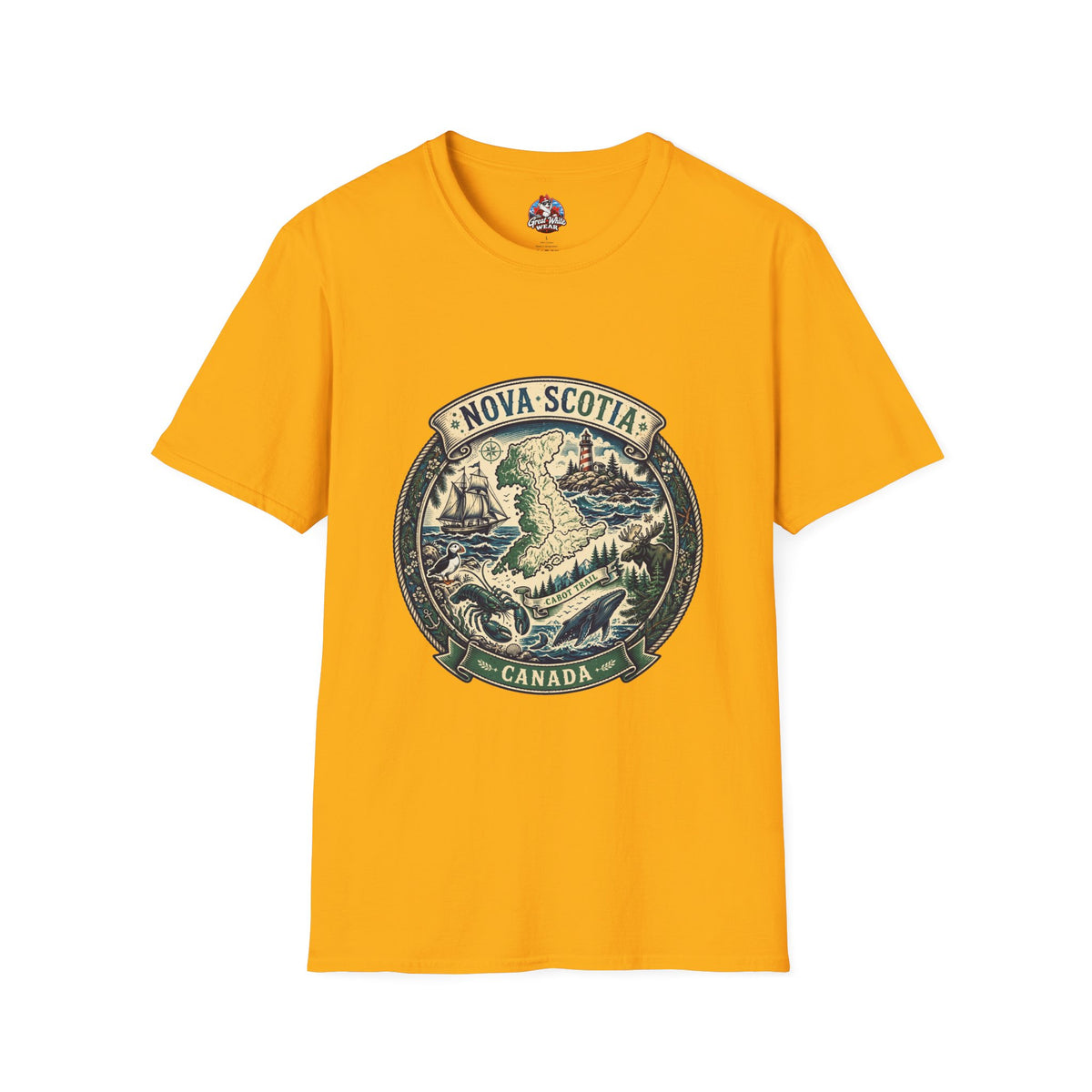Nova Scotia Canada Vintage Map T-Shirt — Coastal Lighthouse and Whale Graphic Tee
