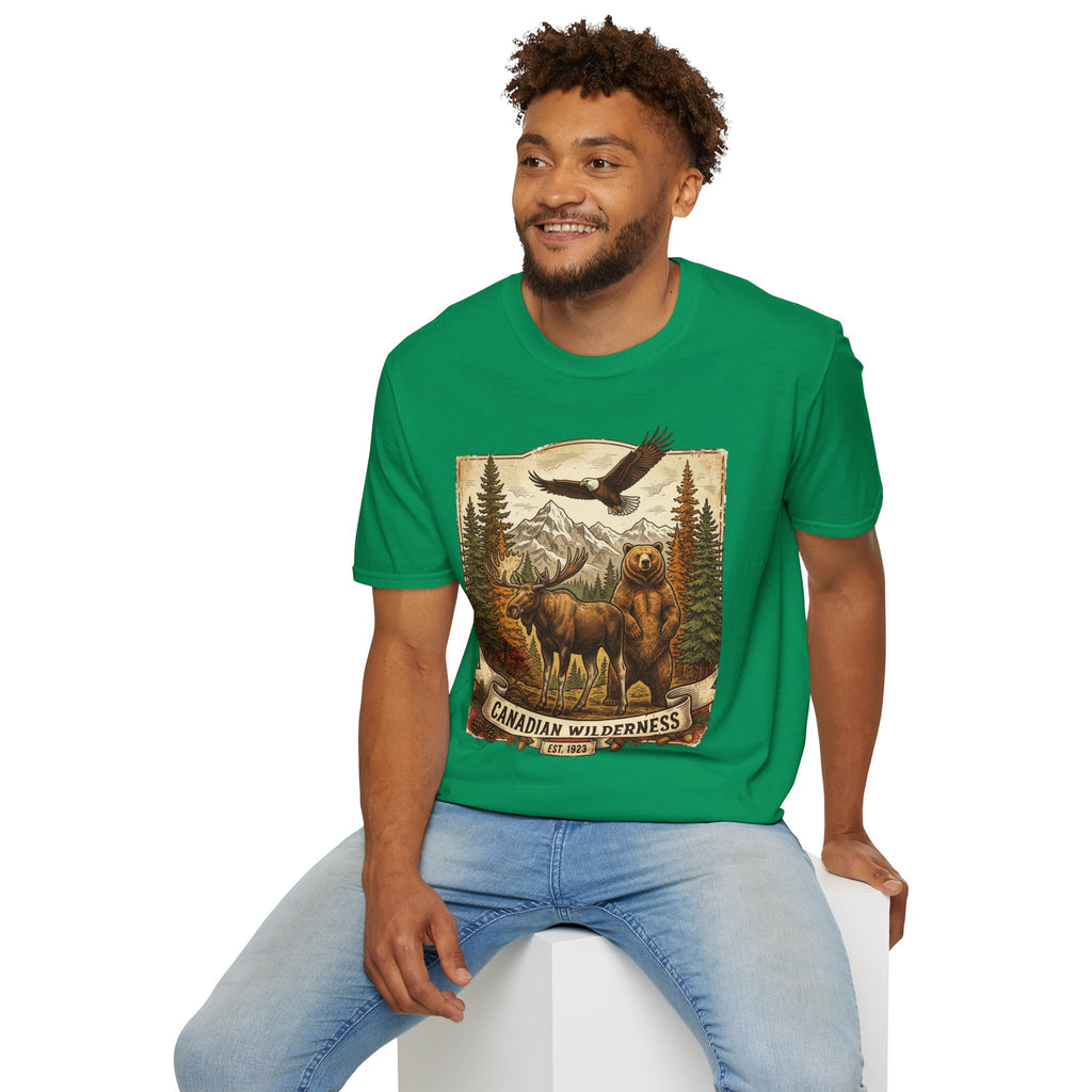 Mens T-Shirt — Canadian Wilderness Vintage Nature Graphic (Bear, Moose & Eagle)