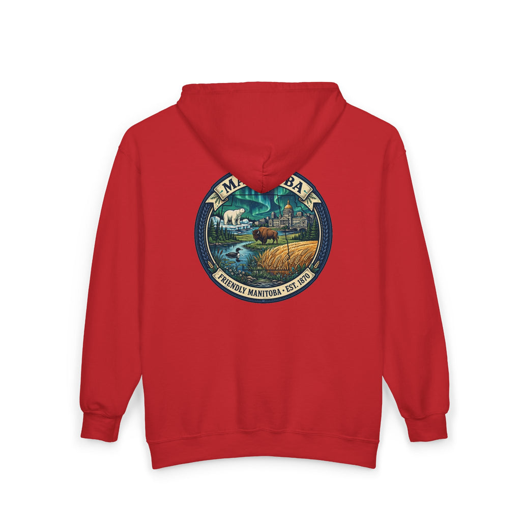 Manitoba Nature Badge Hoodie — Northern Lights, Moose and Prairie