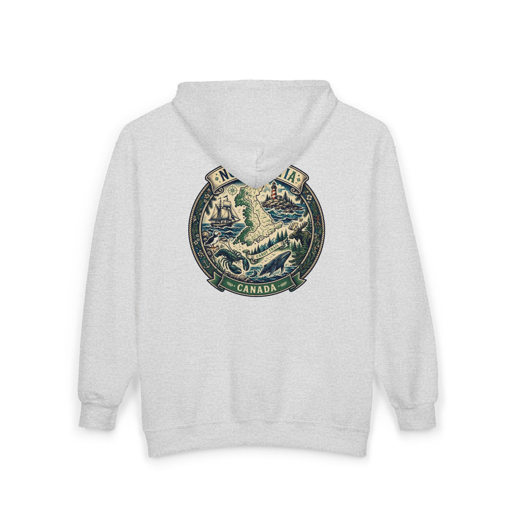 Nova Scotia Canada Vintage Map Hoodie — Coastal Lighthouse and Whale Graphic Hoodie
