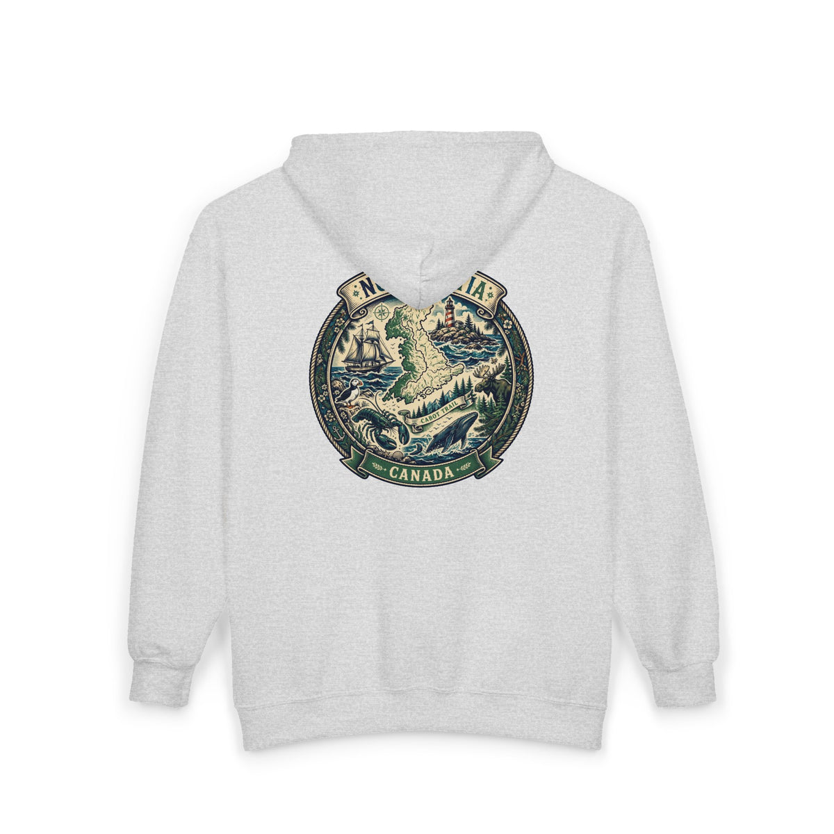 Nova Scotia Canada Vintage Map Hoodie — Coastal Lighthouse and Whale Graphic Hoodie