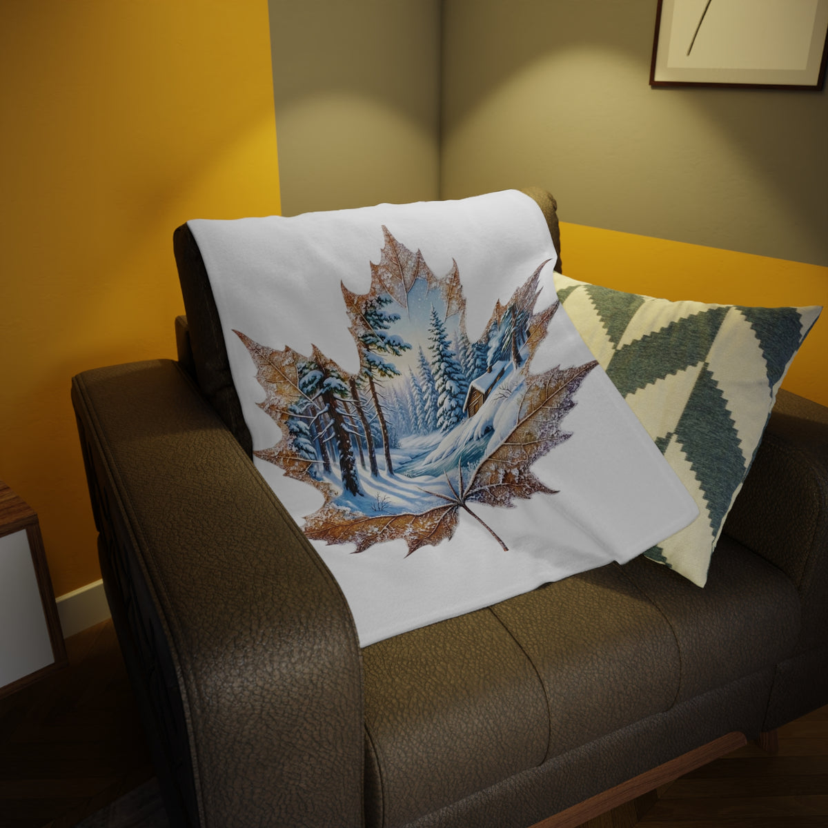 Winter Cabin Maple Leaf Plush Fleece Blanket