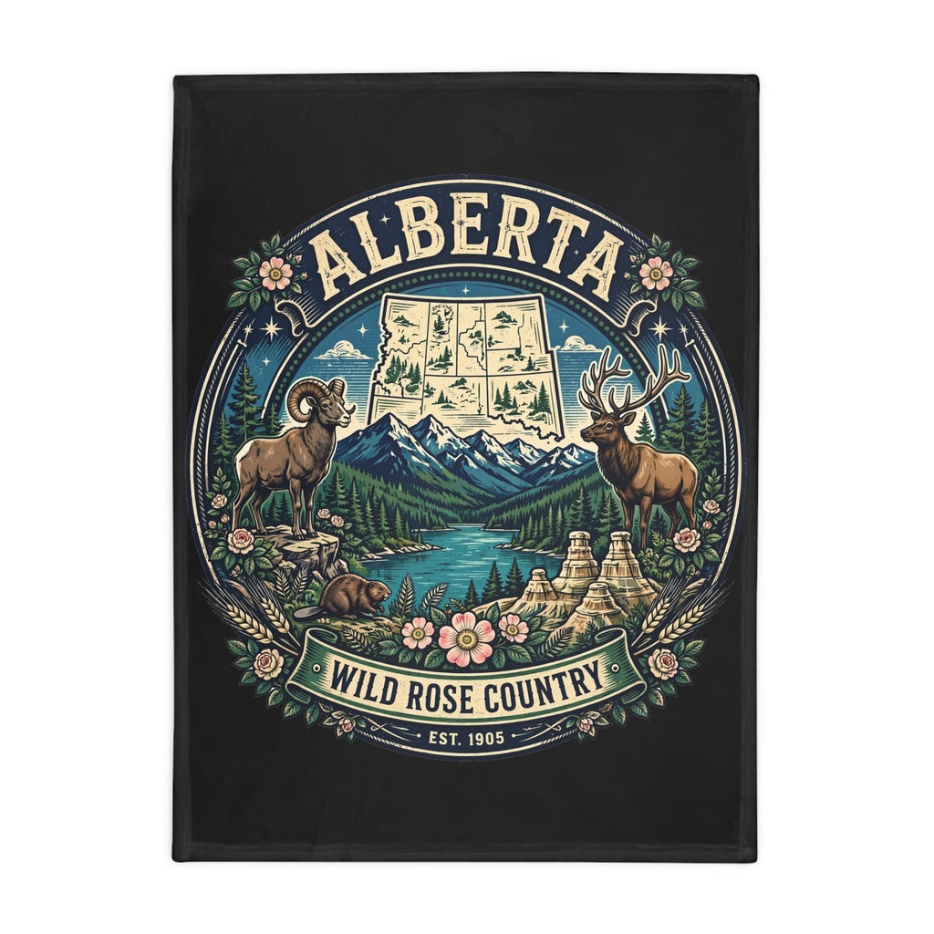 Alberta Wild Rose Country Plush Fleece Blanket — Scenic Rockies Map and Wildlife Throw