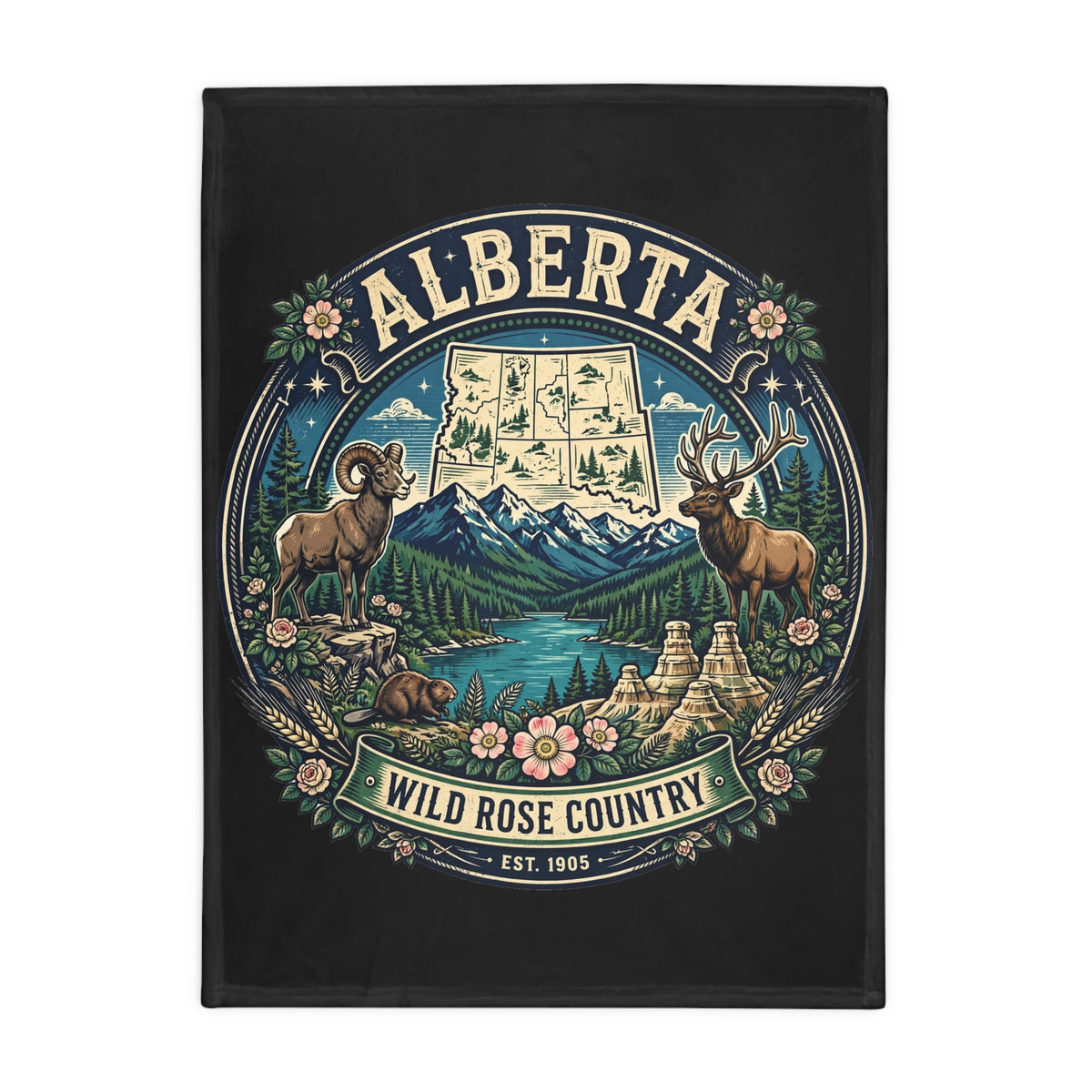 Alberta Wild Rose Country Plush Fleece Blanket — Scenic Rockies Map and Wildlife Throw
