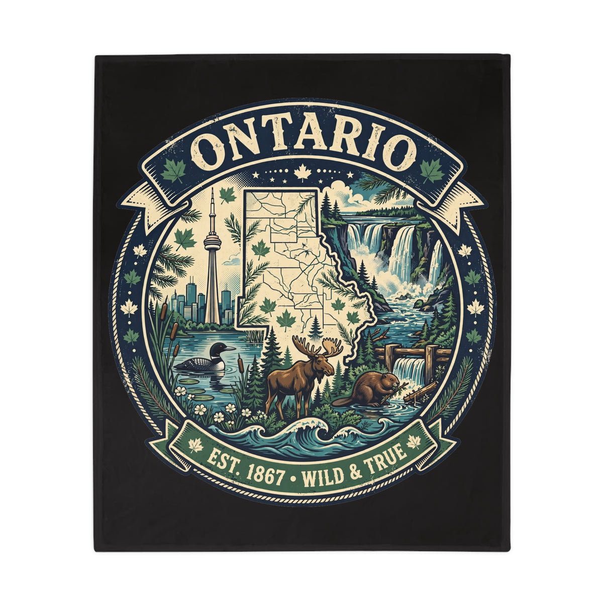 Ontario Plush Fleece Blanket — "Wild and True" Map Design (Est. 1867)