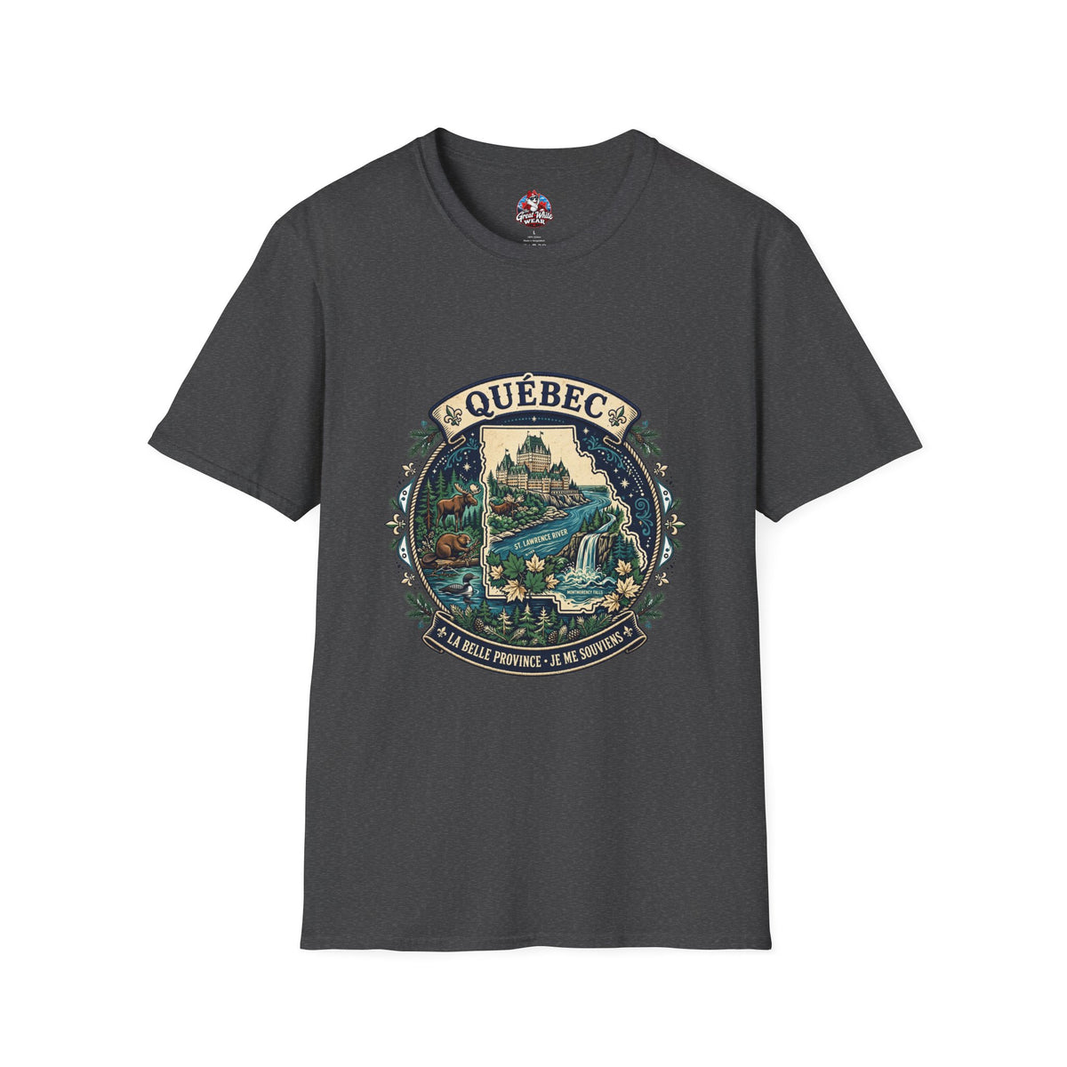 Québec Vintage Travel T-Shirt — Scenic Chateau and Waterfall Souvenir Tee
