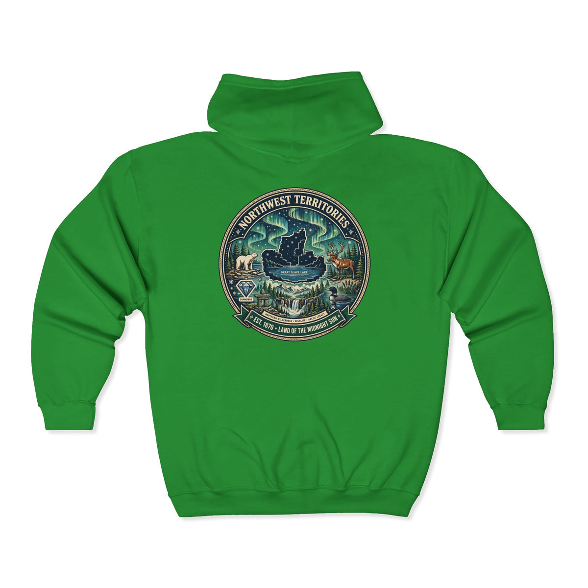 Northwest Territories Scenic Hoodie — Aurora, Moose and Wilderness Badge