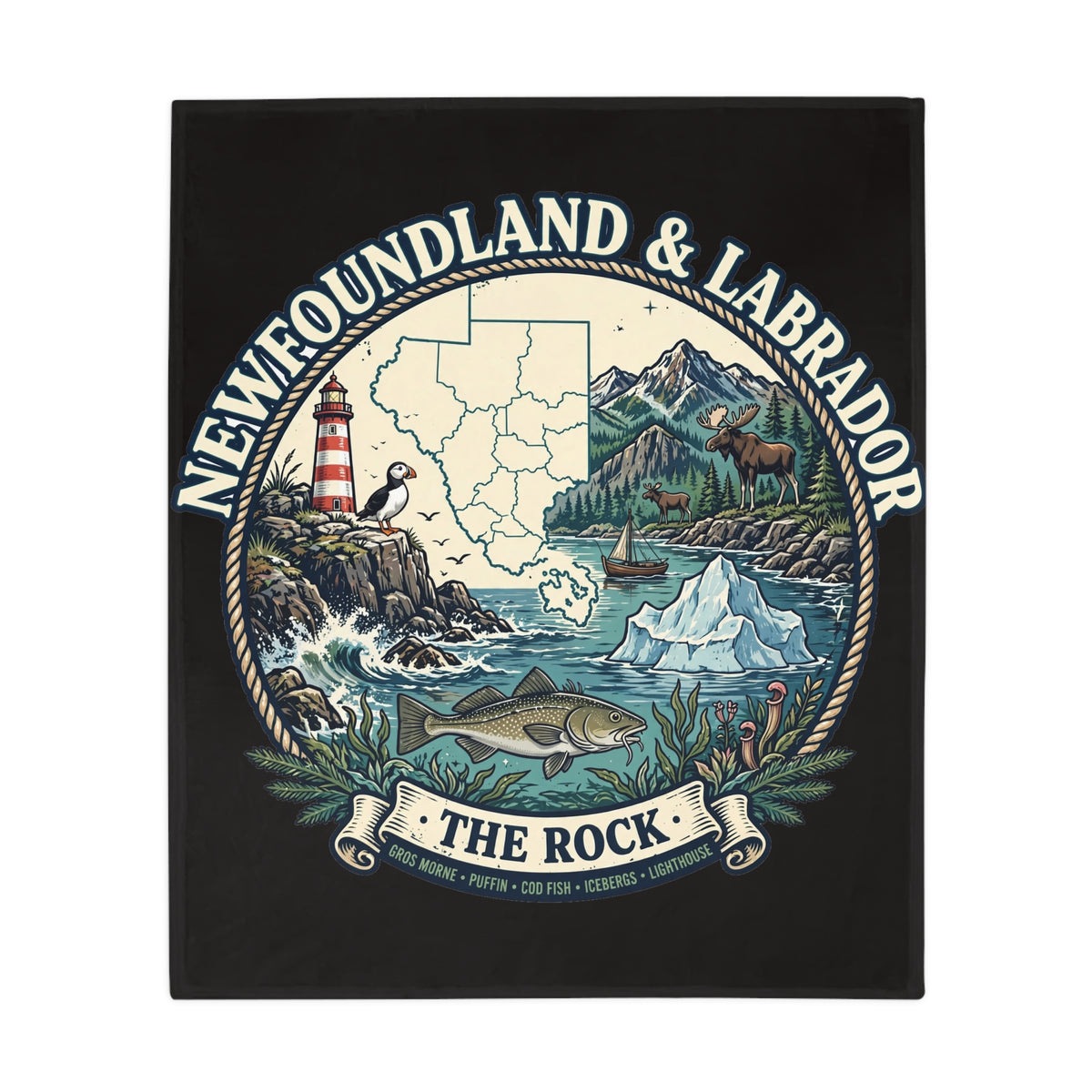 Newfoundland and Labrador 'The Rock' Plush Fleece Blanket – Coastal Map, Lighthouse and Iceberg Design
