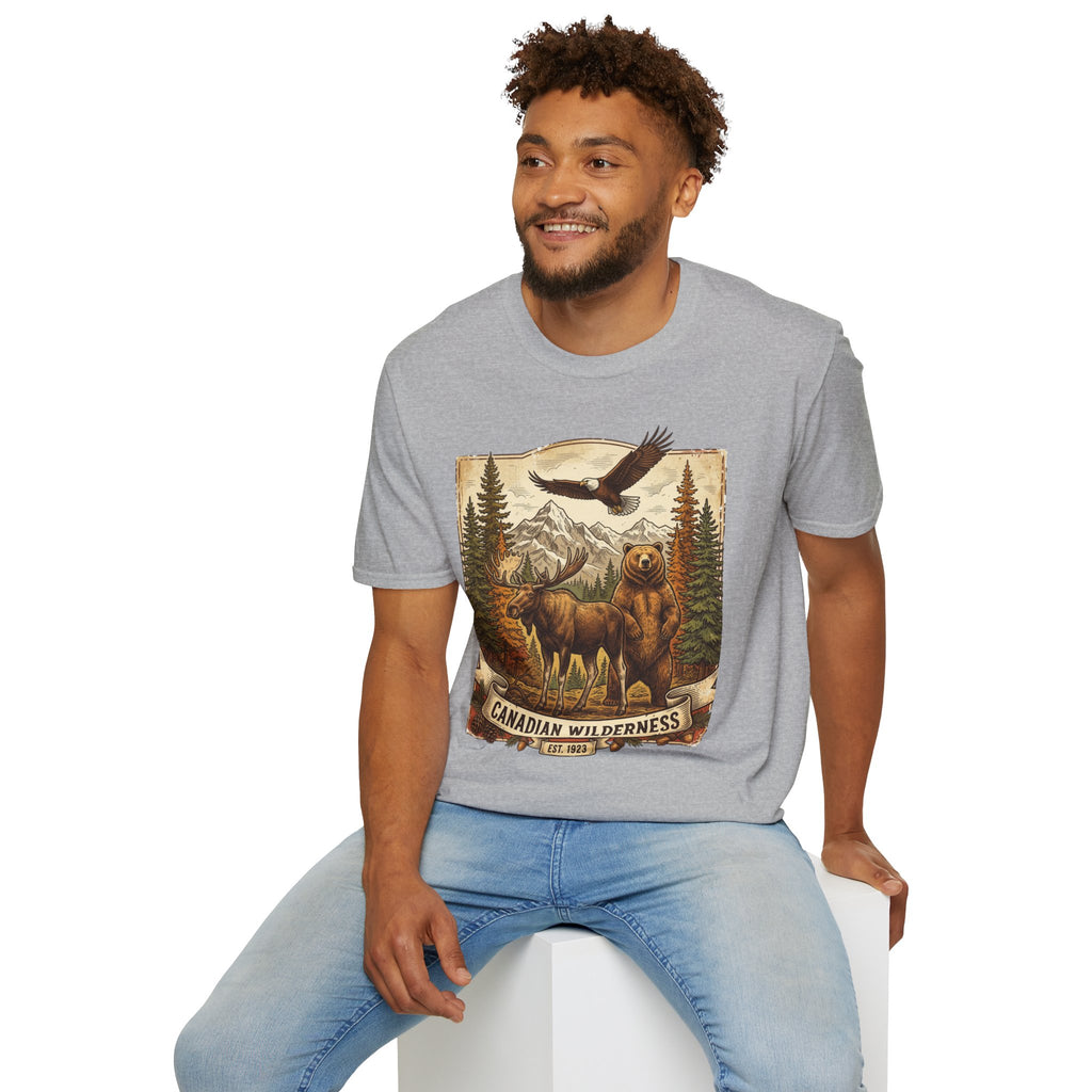 Mens T-Shirt — Canadian Wilderness Vintage Nature Graphic (Bear, Moose & Eagle)