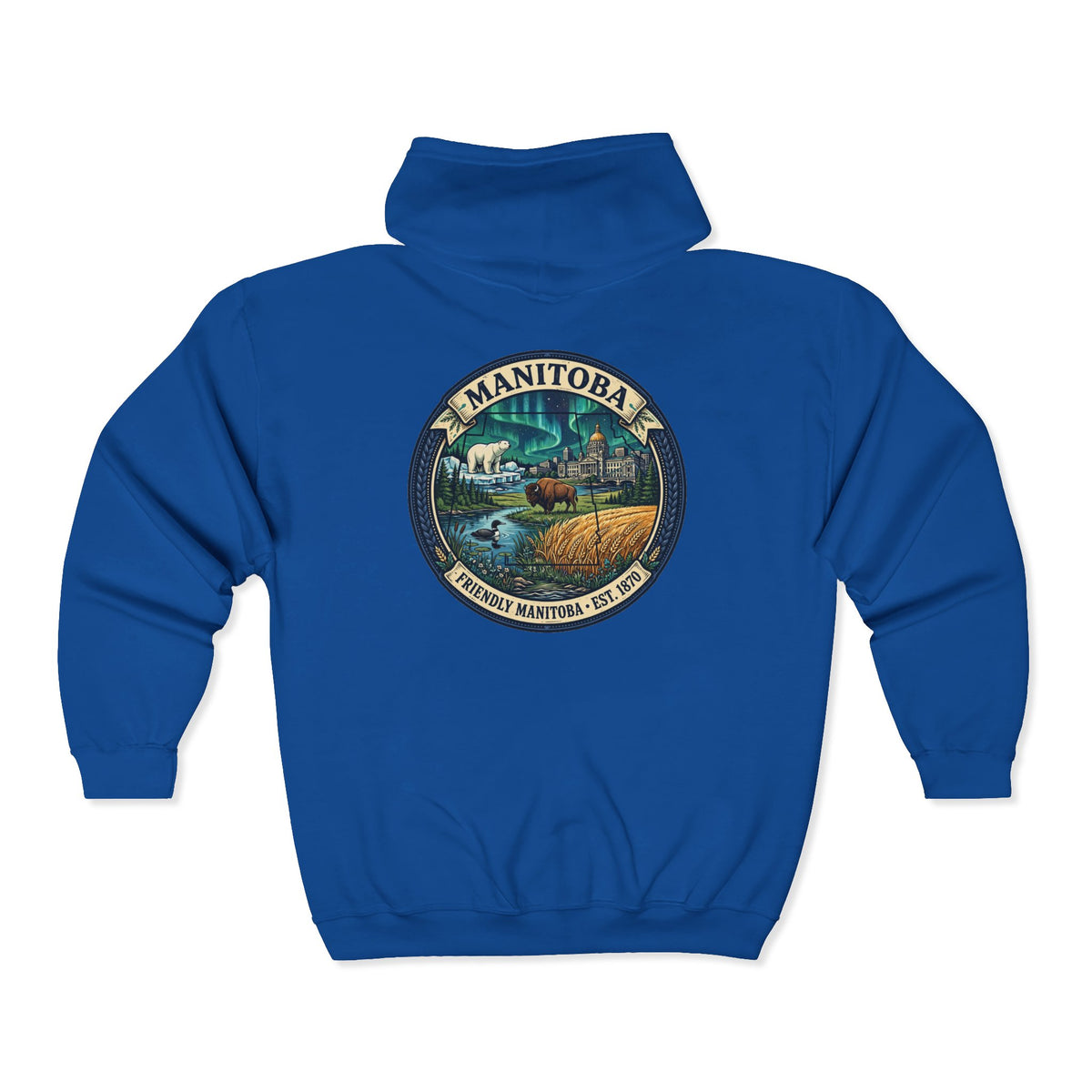 Manitoba Nature Badge Hoodie — Northern Lights, Moose and Prairie