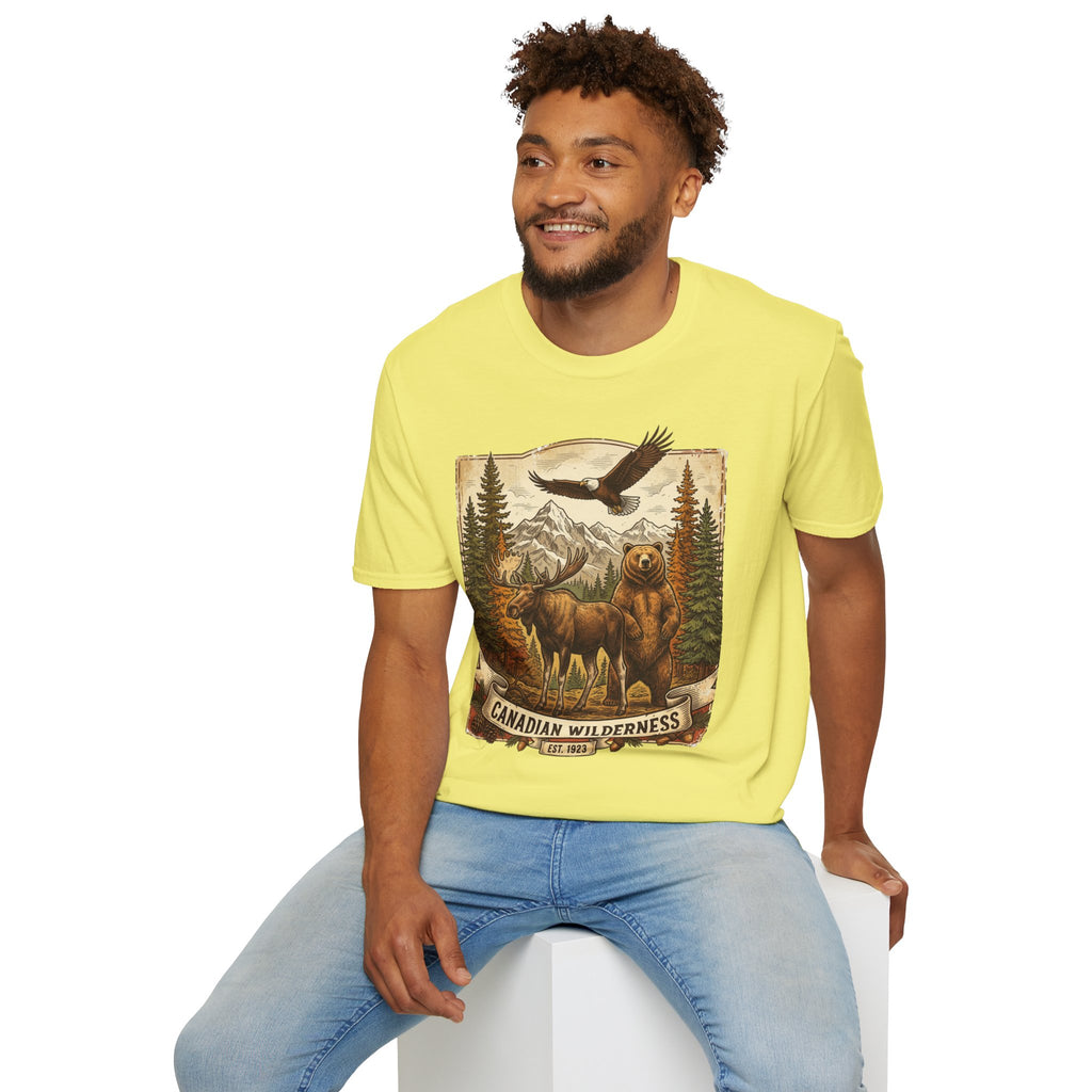 Mens T-Shirt — Canadian Wilderness Vintage Nature Graphic (Bear, Moose & Eagle)