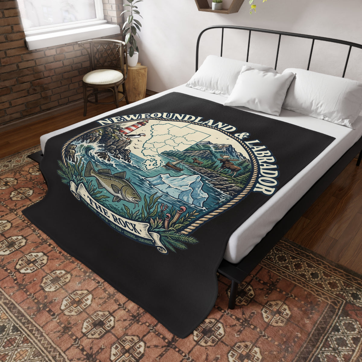 Newfoundland and Labrador 'The Rock' Plush Fleece Blanket – Coastal Map, Lighthouse and Iceberg Design