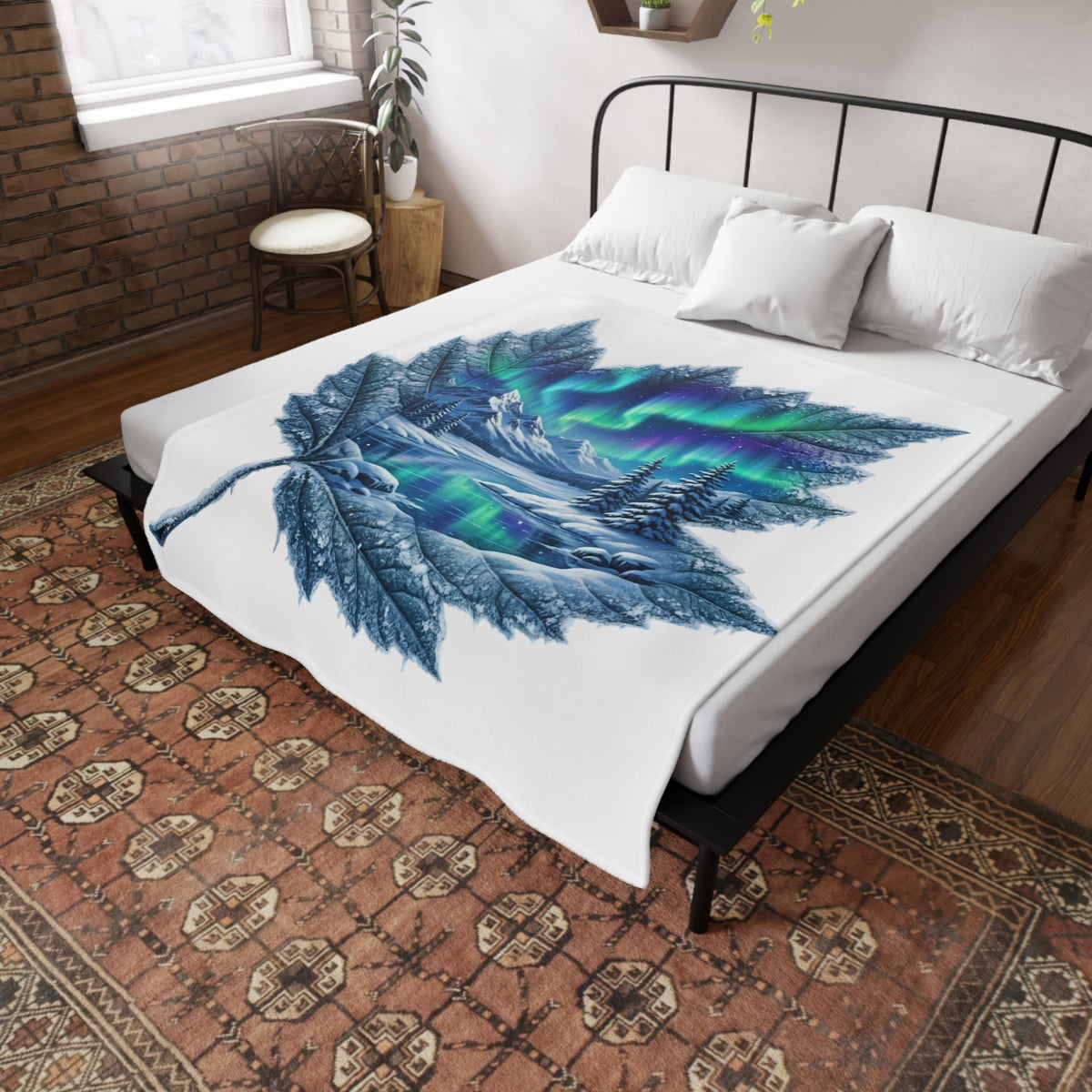 Aurora Maple Leaf Plush Fleece Blanket — Northern Lights Winter Landscape