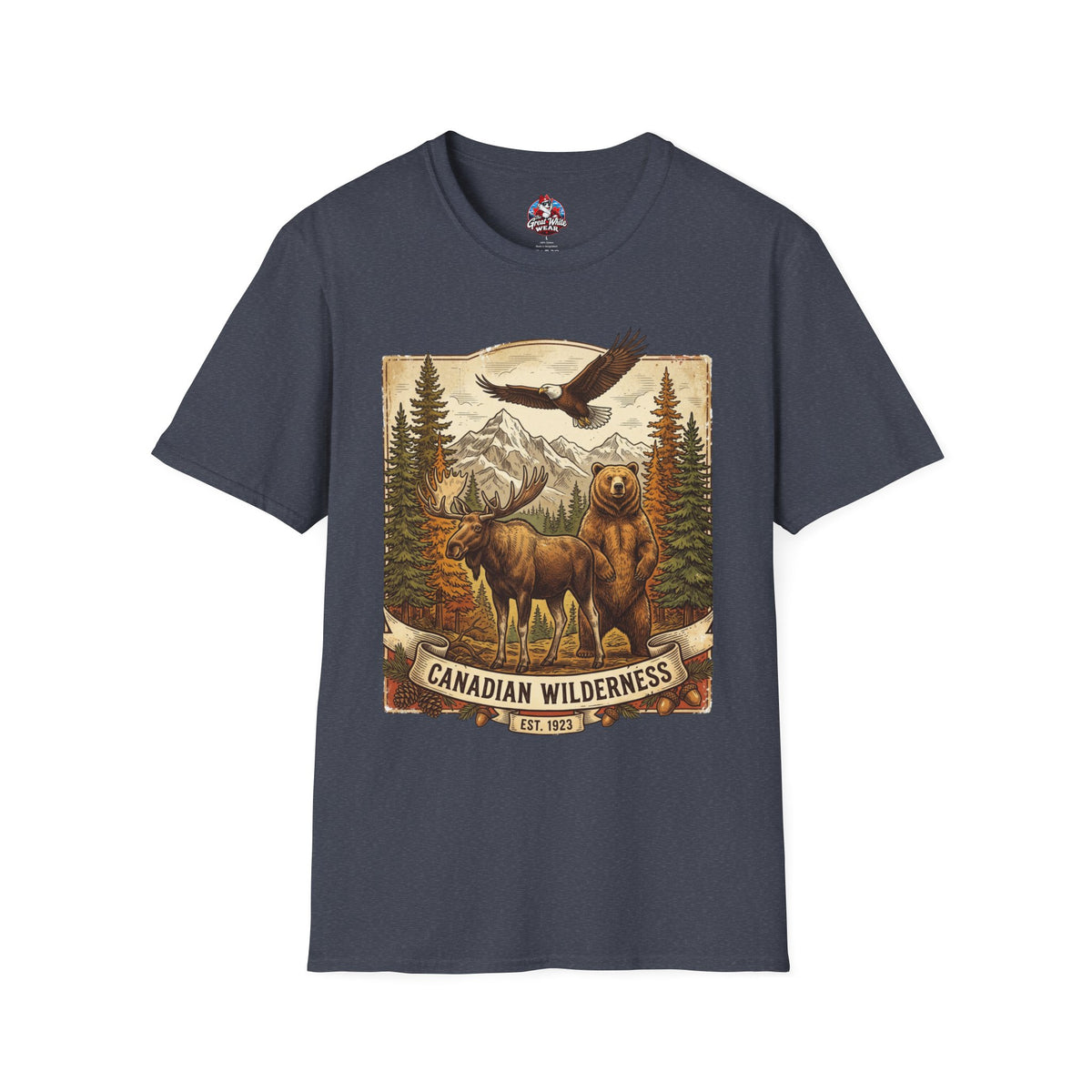 Mens T-Shirt — Canadian Wilderness Vintage Nature Graphic (Bear, Moose & Eagle)