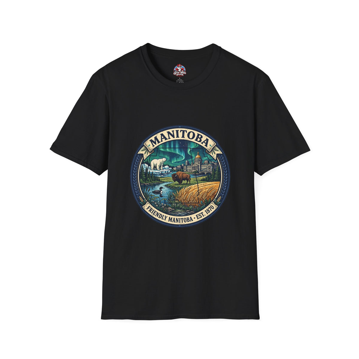 Manitoba Nature Badge T-Shirt — Northern Lights, Moose and Prairie Scenic Tee
