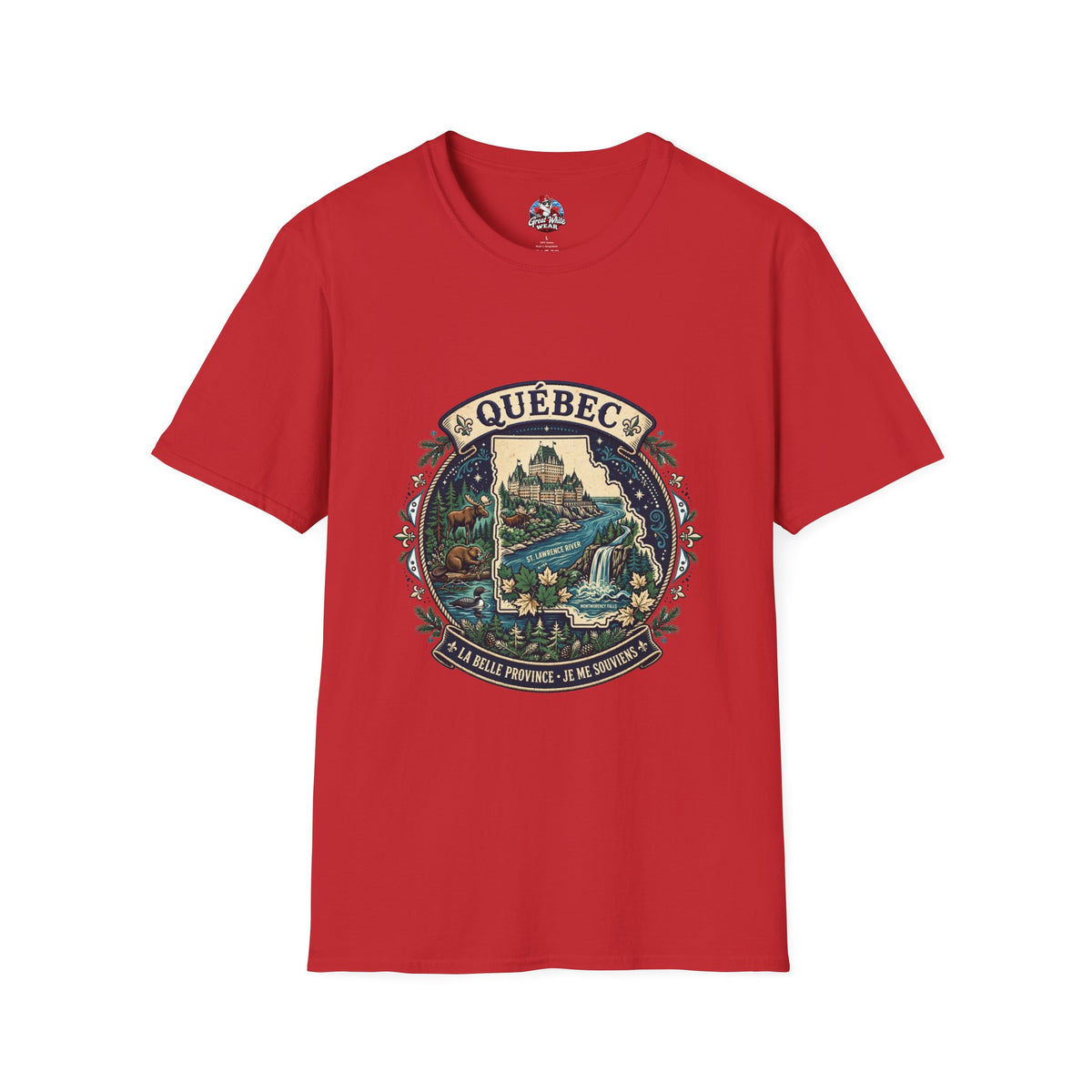 Québec Vintage Travel T-Shirt — Scenic Chateau and Waterfall Souvenir Tee