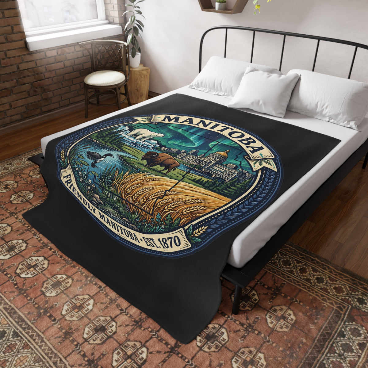 Manitoba Scenic Plush Fleece Blanket — Friendly Manitoba Est. 1870 Design