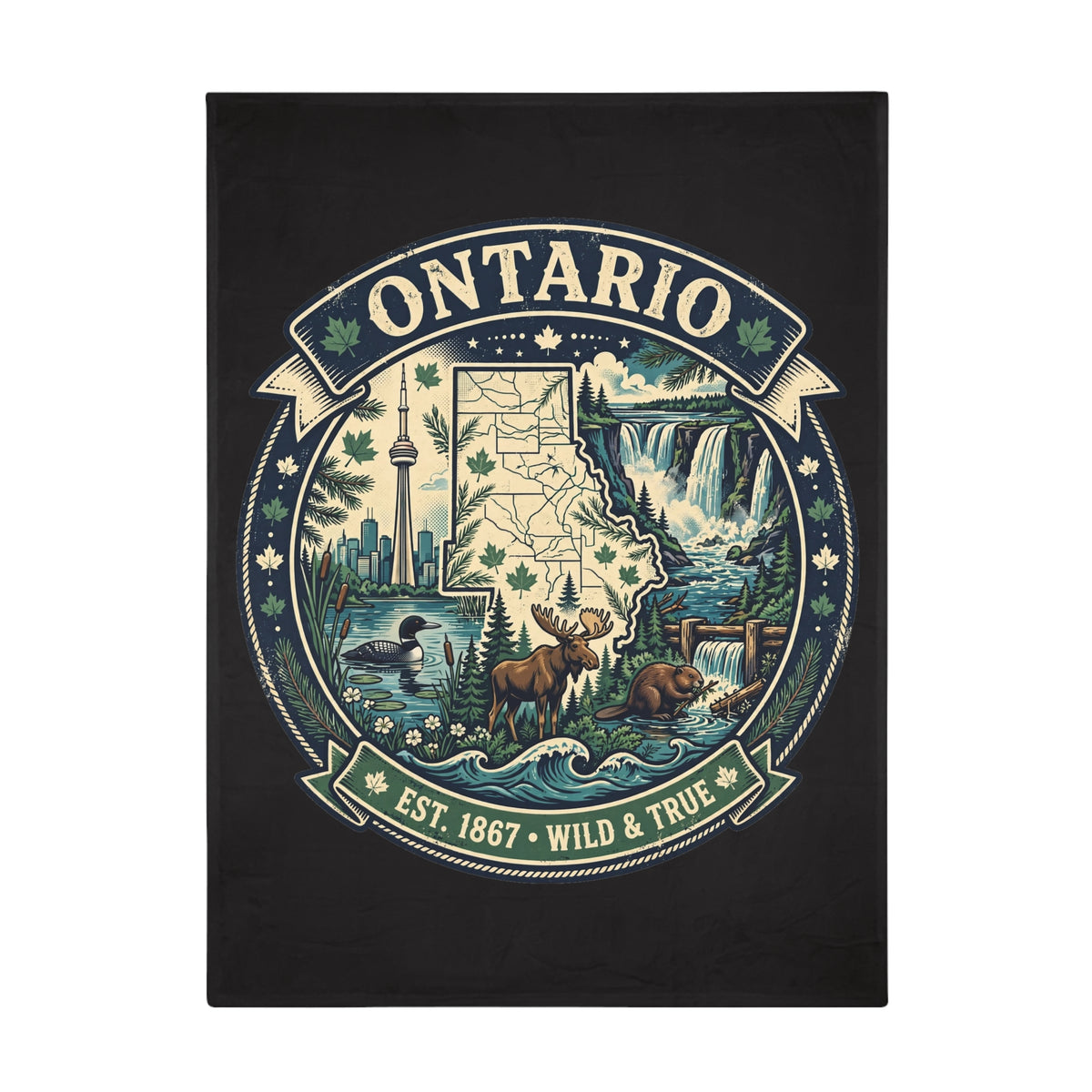 Ontario Plush Fleece Blanket — "Wild and True" Map Design (Est. 1867)