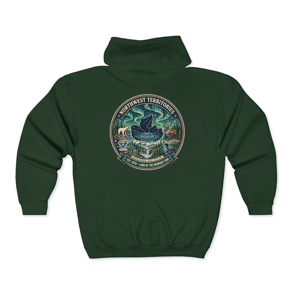 Northwest Territories Scenic Hoodie — Aurora, Moose and Wilderness Badge