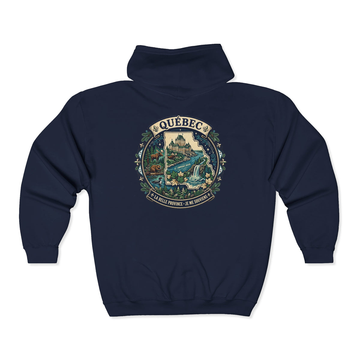 Québec Vintage Travel Hoodie — Scenic Chateau and Waterfall Souvenir Hoodie