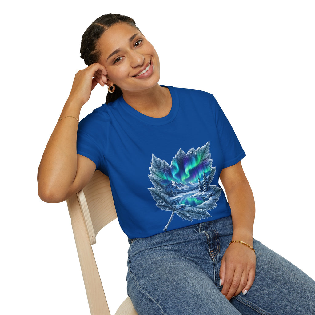 Womens Aurora Maple Leaf Tee — Northern Lights Nature T-Shirt