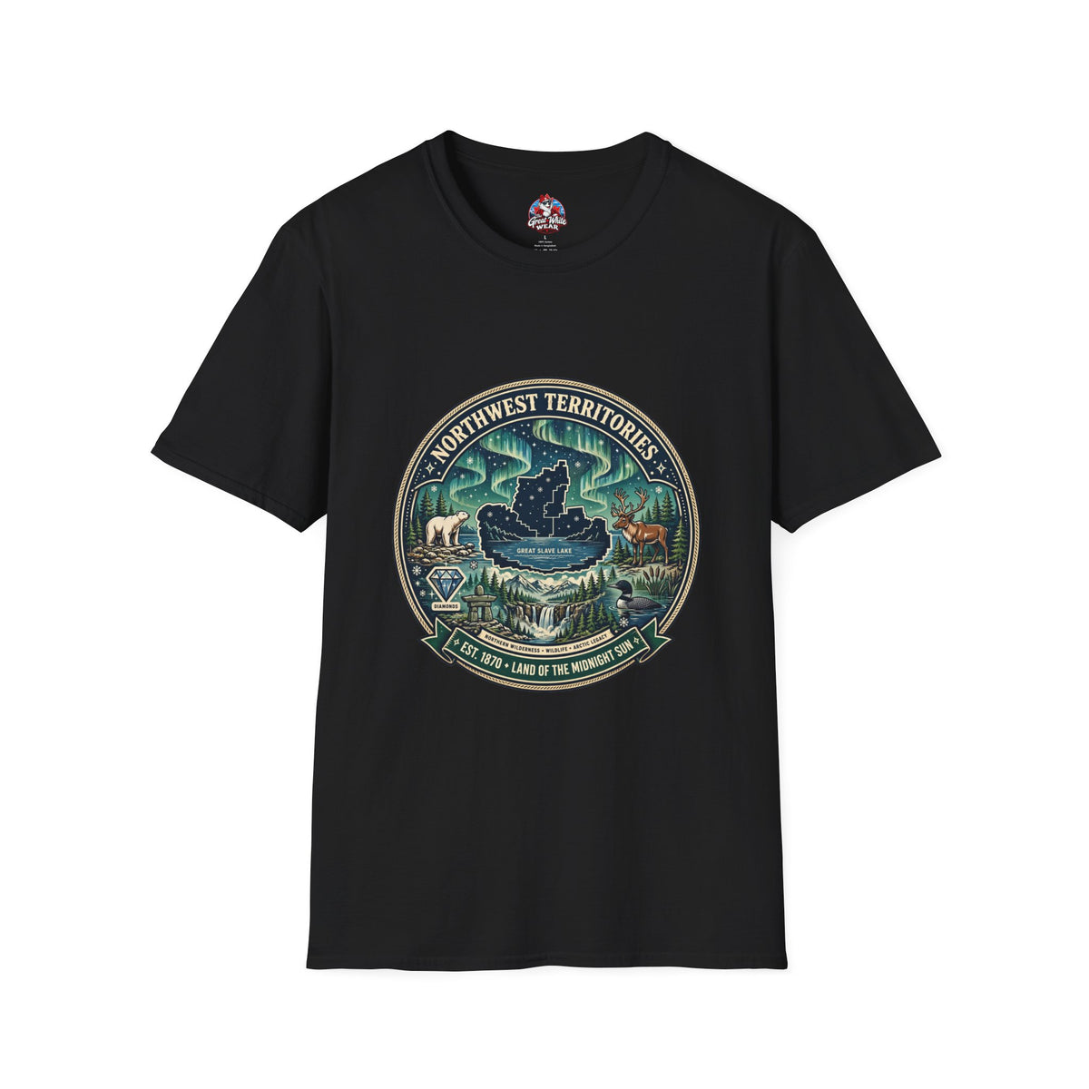 Northwest Territories Scenic T-Shirt — Aurora, Moose and Wilderness Badge