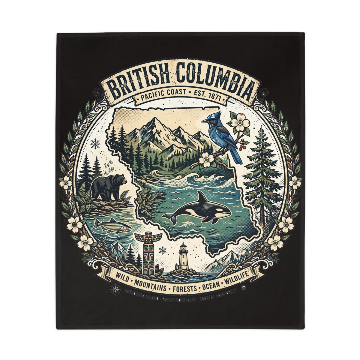 British Columbia Plush Fleece Blanket — Pacific Coast Wildlife and Mountains Throw