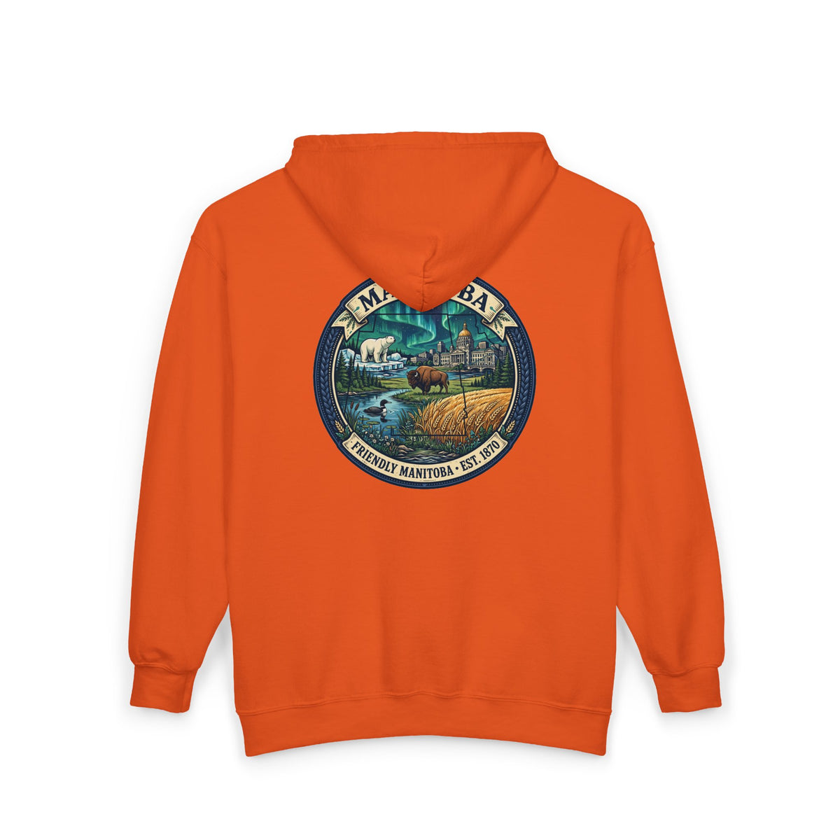 Manitoba Nature Badge Hoodie — Northern Lights, Moose and Prairie