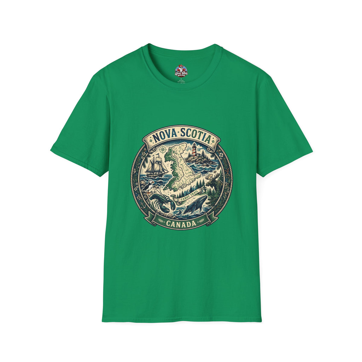Nova Scotia Canada Vintage Map T-Shirt — Coastal Lighthouse and Whale Graphic Tee