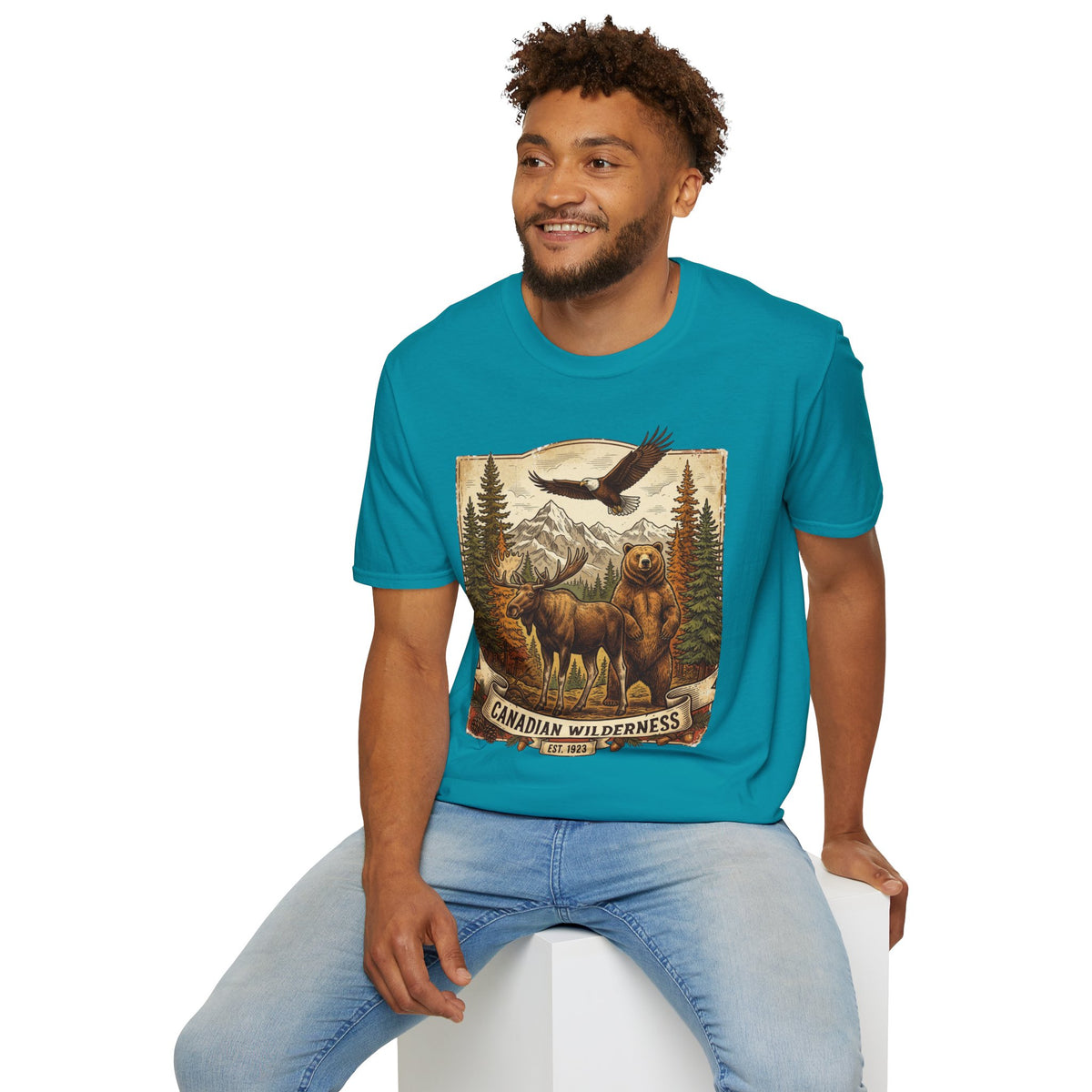 Mens T-Shirt — Canadian Wilderness Vintage Nature Graphic (Bear, Moose & Eagle)