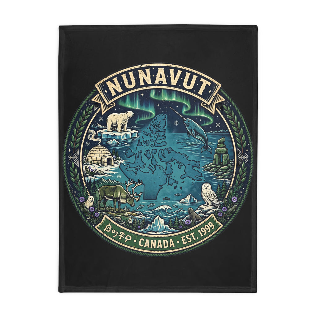 Nunavut Map Plush Fleece Blanket — Arctic Wildlife and Northern Lights Cozy Throw