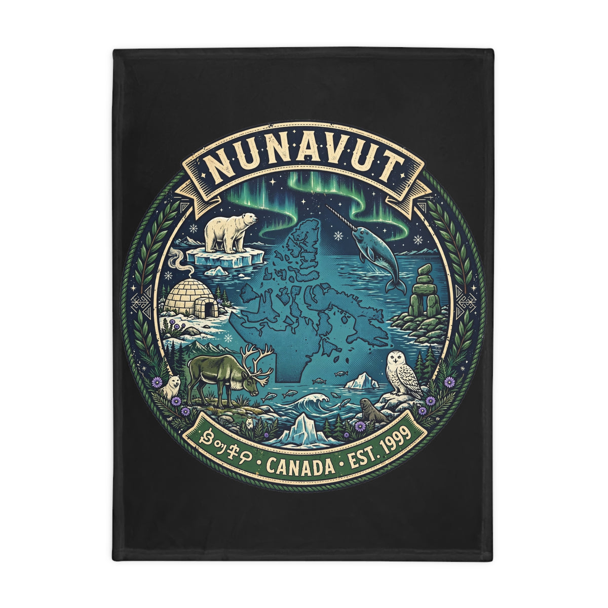 Nunavut Map Plush Fleece Blanket — Arctic Wildlife and Northern Lights Cozy Throw