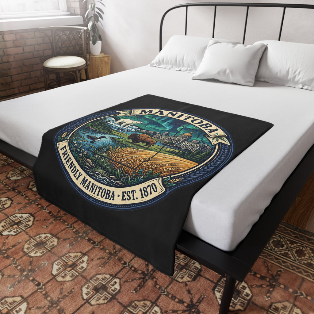 Manitoba Scenic Plush Fleece Blanket — Friendly Manitoba Est. 1870 Design
