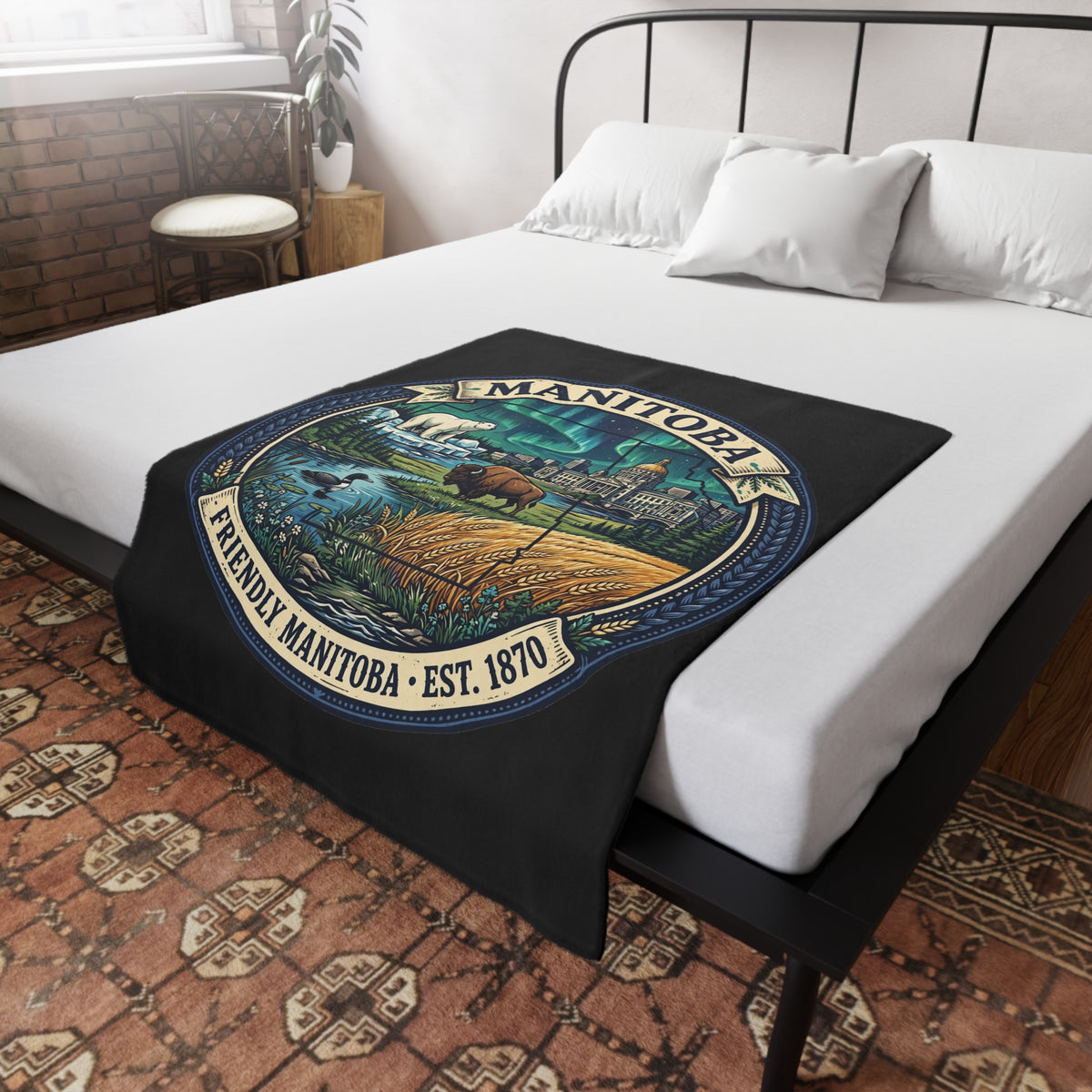 Manitoba Scenic Plush Fleece Blanket — Friendly Manitoba Est. 1870 Design