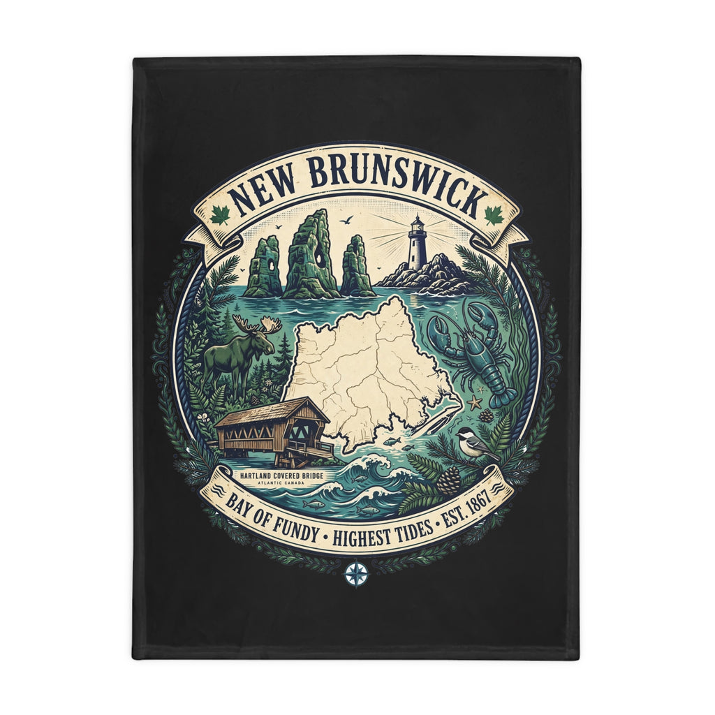 New Brunswick Map Plush Fleece Blanket — Bay of Fundy Lighthouse and Tidal Coast Throw
