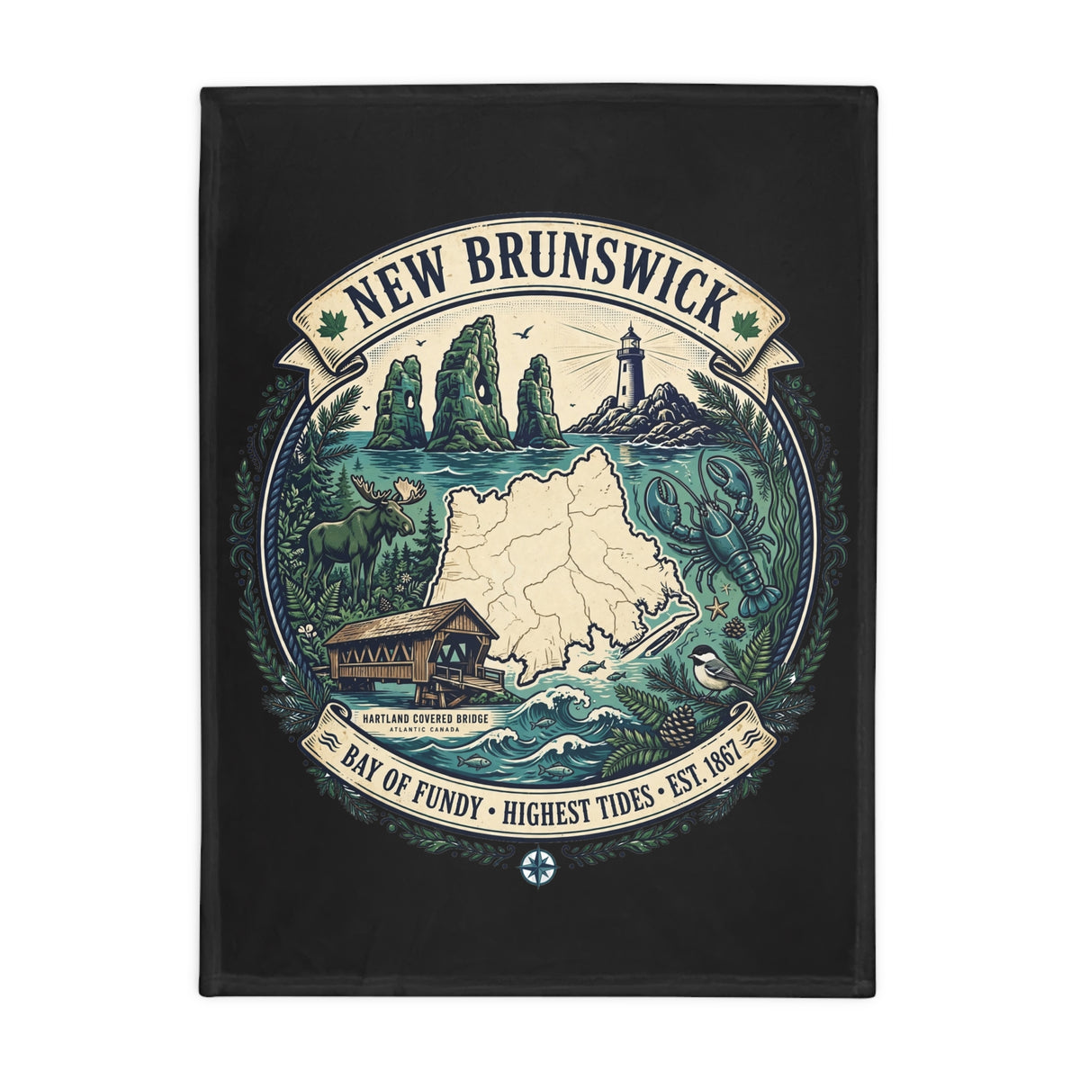 New Brunswick Map Plush Fleece Blanket — Bay of Fundy Lighthouse and Tidal Coast Throw