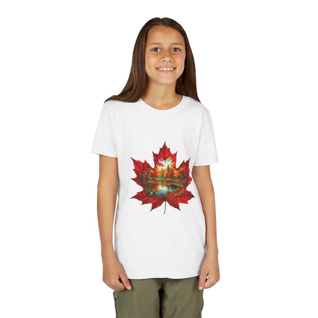 Youth Tee – Autumn Maple Leaf Lake Scene Graphic