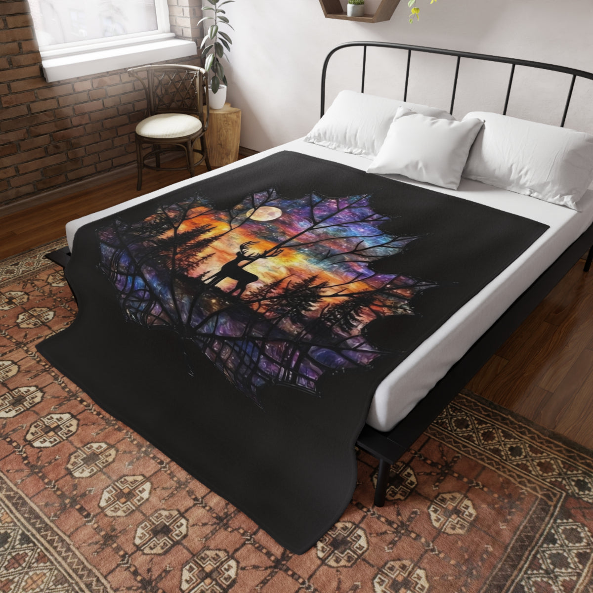 Deer Silhouette Maple Leaf Fleece Blanket — Colorful Sunset Night Forest Throw
