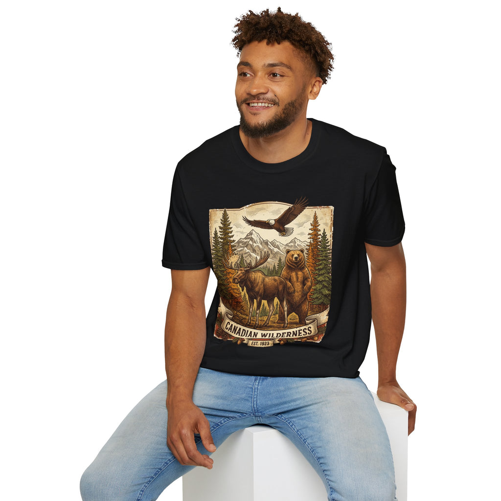 Mens T-Shirt — Canadian Wilderness Vintage Nature Graphic (Bear, Moose & Eagle)