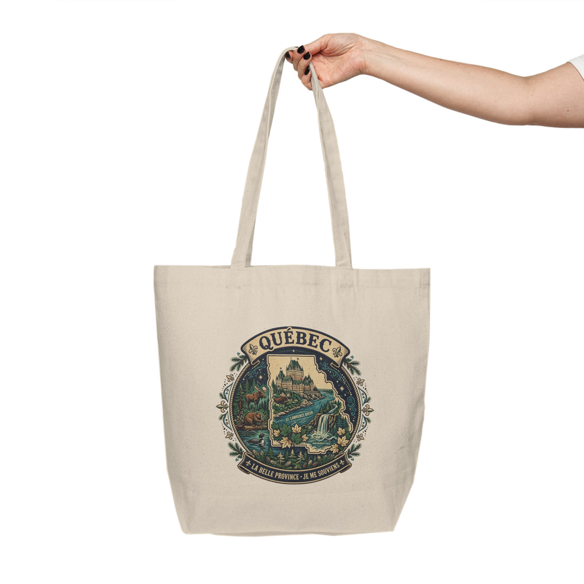 Quebec Scenic Canvas Tote — Vintage Landscape Market Bag