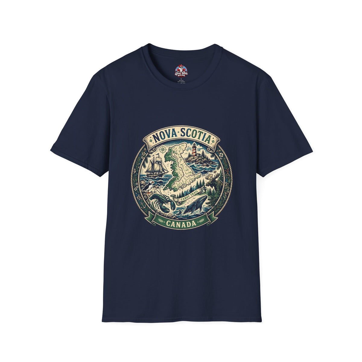 Nova Scotia Canada Vintage Map T-Shirt — Coastal Lighthouse and Whale Graphic Tee