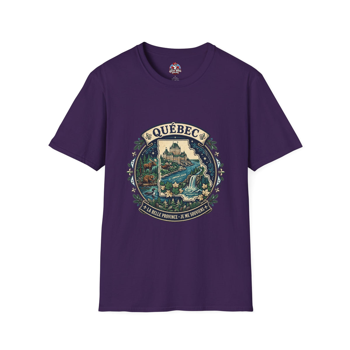 Québec Vintage Travel T-Shirt — Scenic Chateau and Waterfall Souvenir Tee