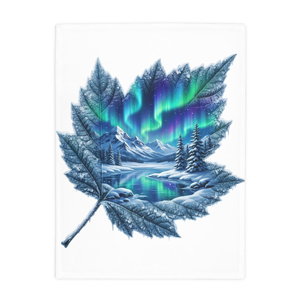 Aurora Maple Leaf Plush Fleece Blanket — Northern Lights Winter Landscape