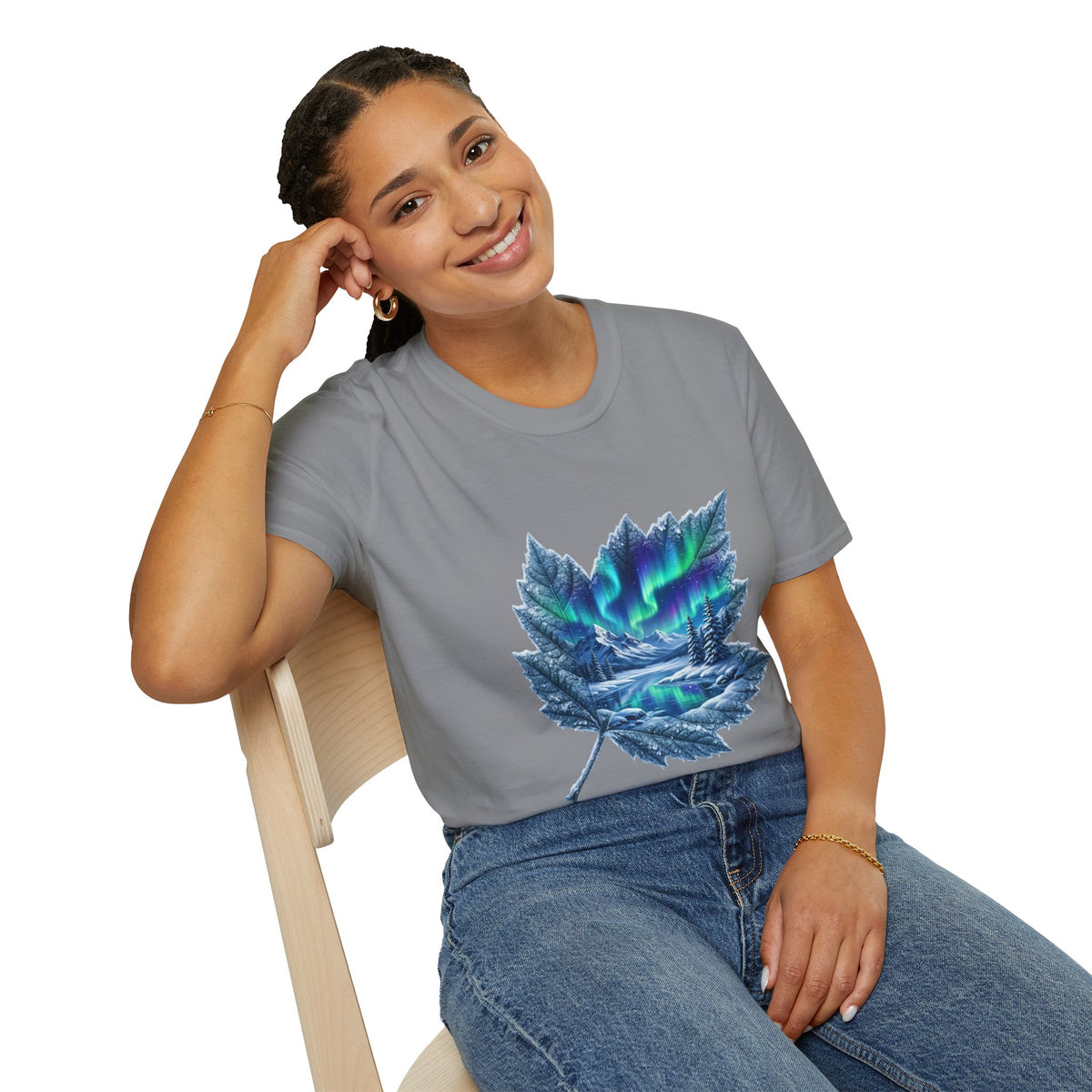 Womens Aurora Maple Leaf Tee — Northern Lights Nature T-Shirt