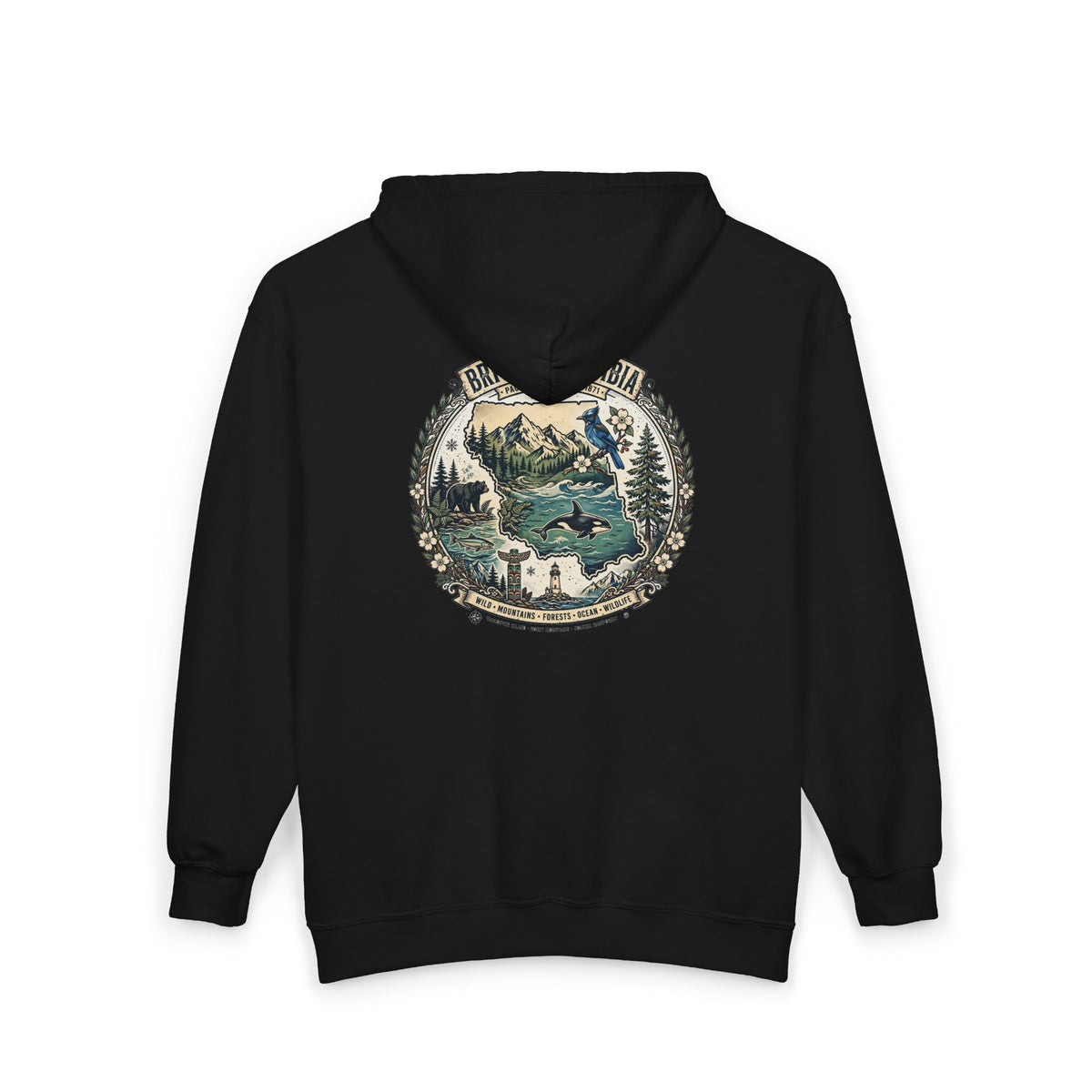 British Columbia Nature Hoodie — Scenic Mountains and Orca