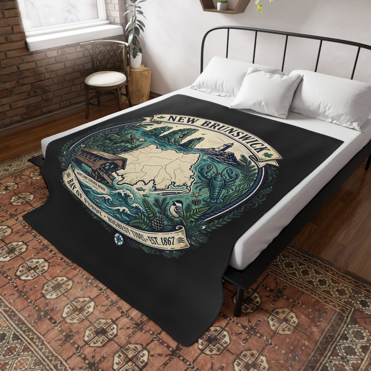 New Brunswick Map Plush Fleece Blanket — Bay of Fundy Lighthouse and Tidal Coast Throw